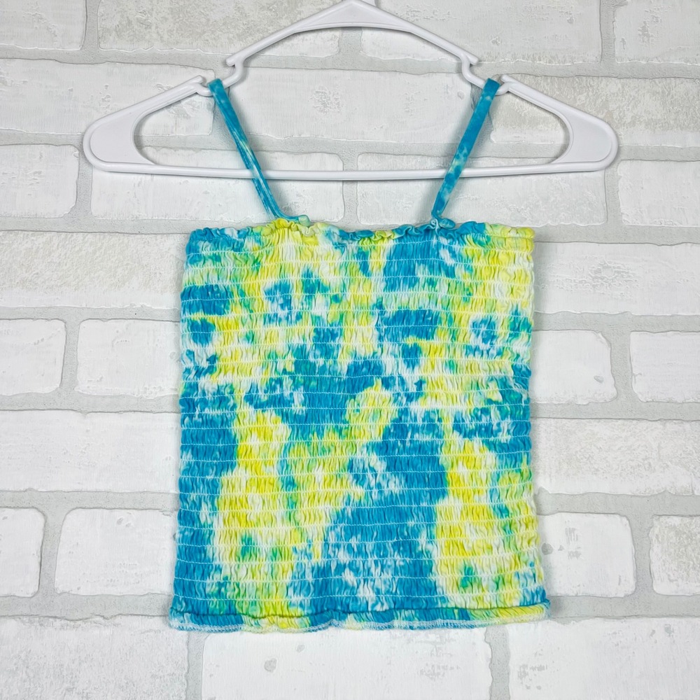 Justice Girls Size 8 Blue Lime Green Tie Dye Smocked Cami Tank Top Adjustable